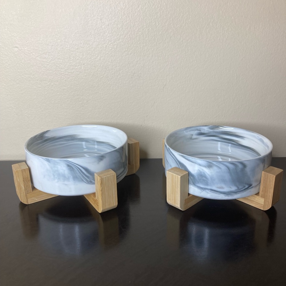 Ceramic Pet Bowls With Bamboo Stands Modern Food And Water Bowl Set Cat Dog Gray